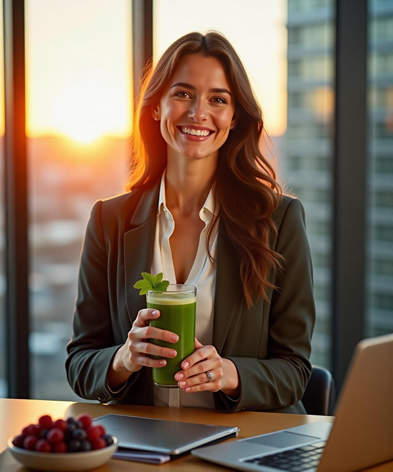 Successful energetic professional working in a modern Melbourne office with healthy snacks